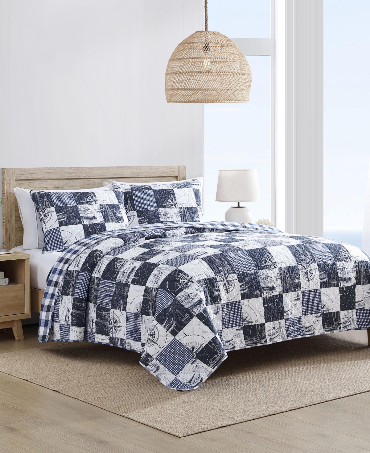 Nautica Sailors Patchwork Cotton Reversible 3-Pc. Quilt Set, King