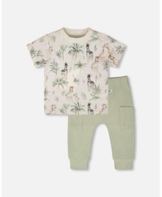 Baby Boys Cotton Jersey T-Shirt and Cotton Rib Pants Set Beige Zebra Print and Sage Green
