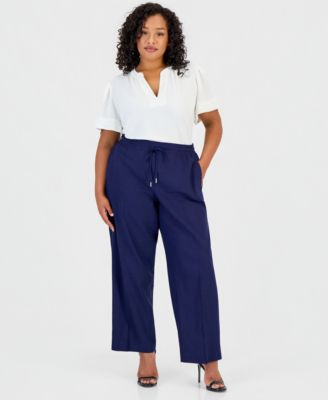 Plus Size  Linen Straight Drawstring Pants