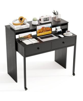 Extendable Rolling Computer Desk with 2 Drawers, Convertible Home Office Writing Desk