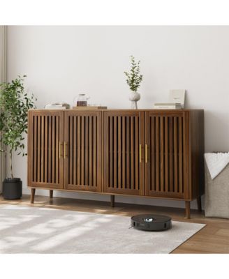 63" Walnut Sideboard Buffet Cabinet With Storage, 4 Doors Sideboard Accent Cabinet