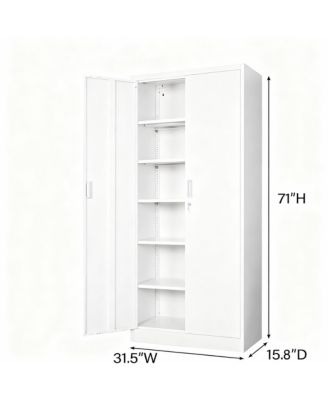71" White Metal Cabinet with 5 Adjustable Shelves & Lockable Doors for Garage/Office/School