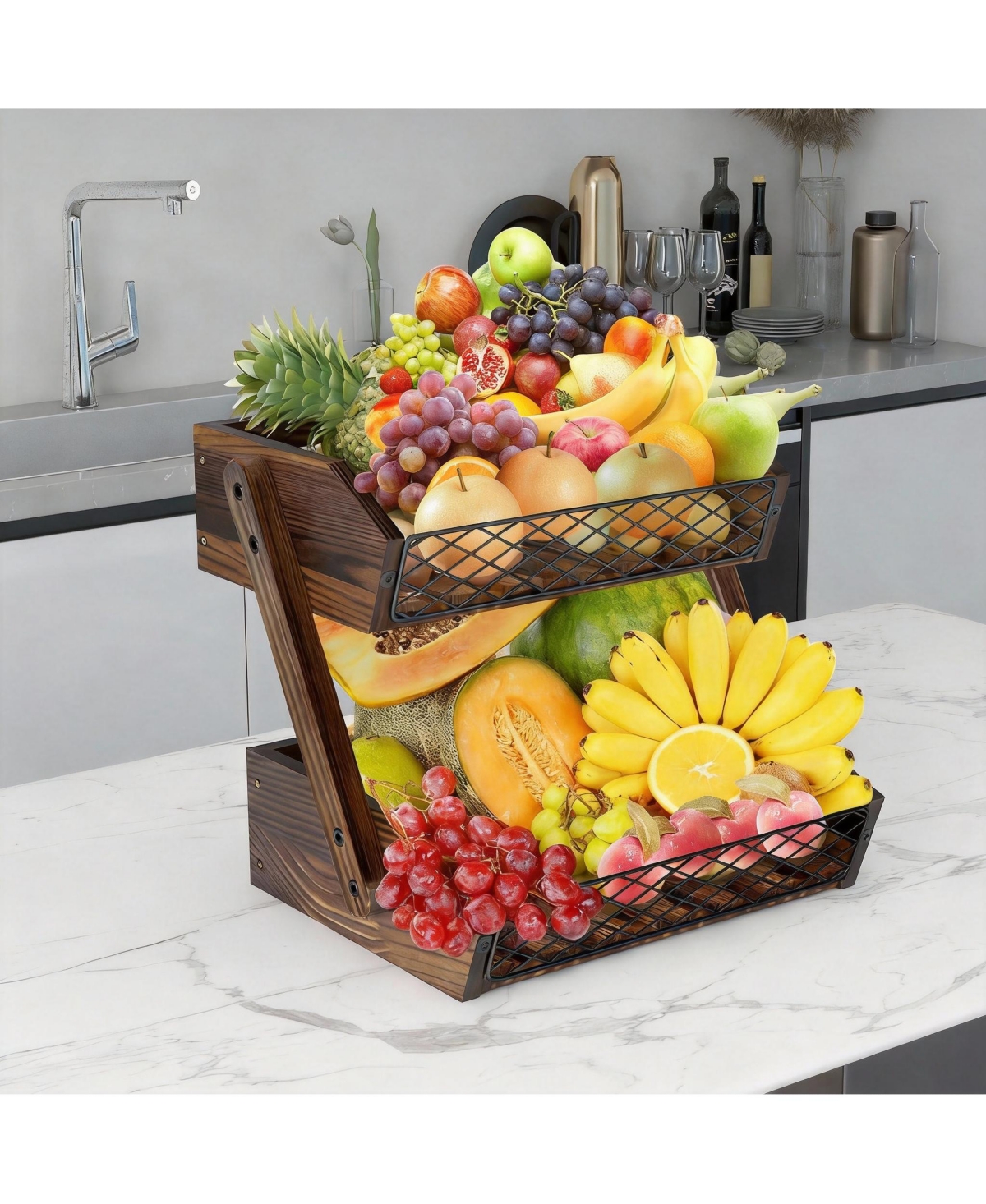 Yigii 2 Tier Wood & Metal Fruit Veggie Storage Rack