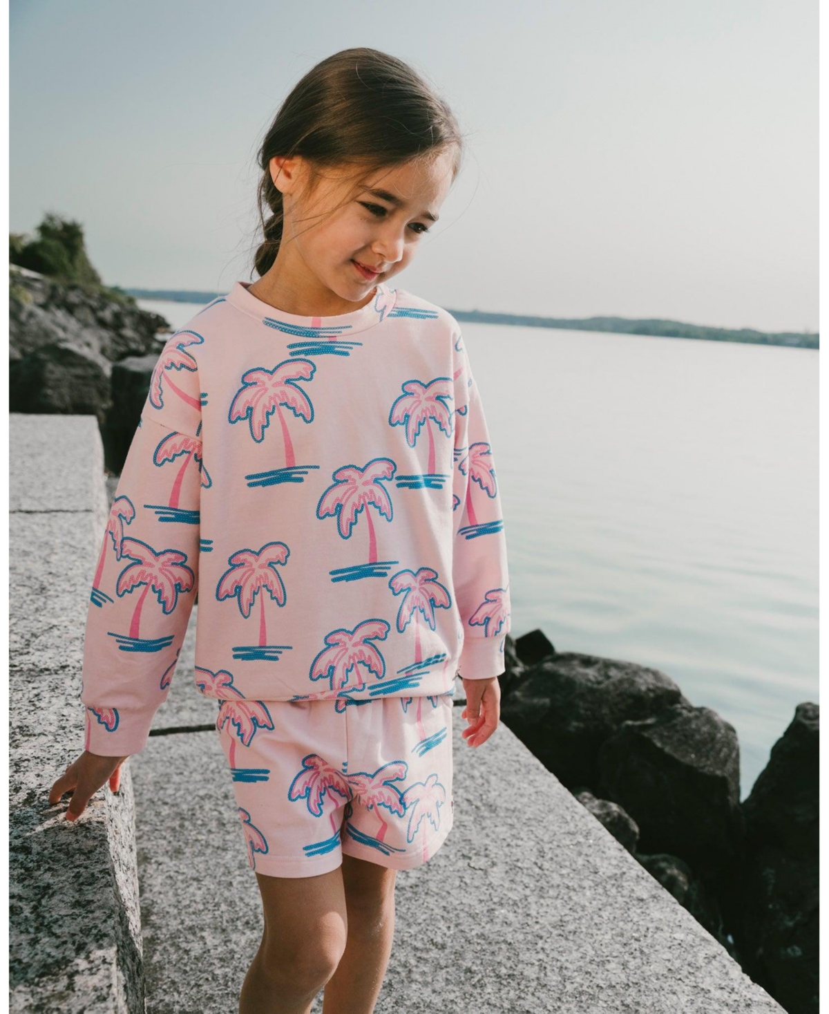 Deux par Toddler Girls French Terry Sweatshirt Light Pink Palm Print