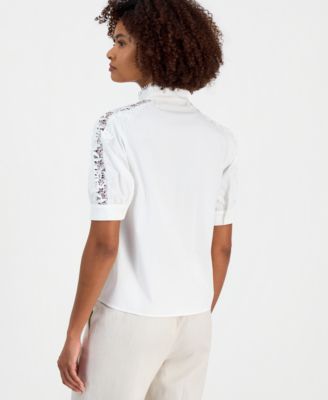 Women's Mandarin-Collar Lace-Trim Blouse