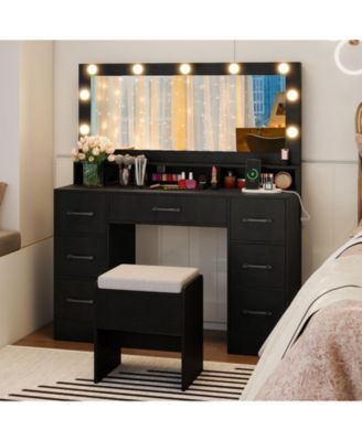 Makeup Vanity Table with Mirror and Lights, Power Outlets, Bedroom Dressing Desk