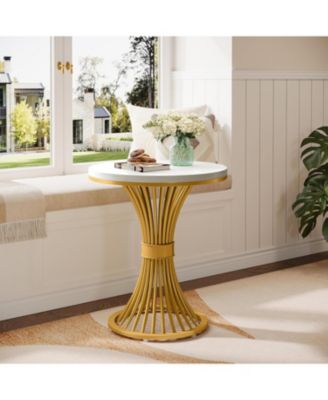 Round End Table, Modern Faux Marble Side Table with Gold Metal Base, Small Bedside Nightstand, Wooden Accent Table