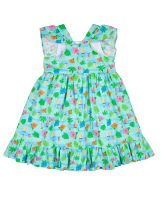 Little Girls Printed Linen Look Dress With Flower