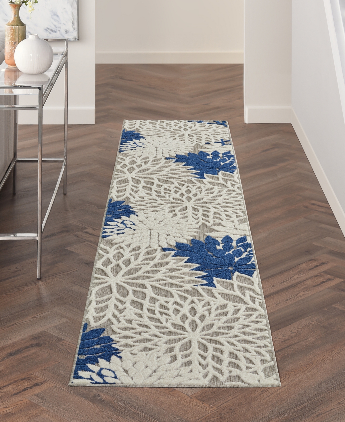 Nourison Home Aloha ALH05 Ivory and Navy 2'3" x 12' Runner Rug