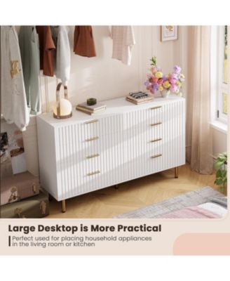 White 8 Drawer Dresser for Bedroom, Fluted Dresser with Large Drawers and Sturdy Gold Legs Support, Dressers & Chests of Drawers for Bedroom
