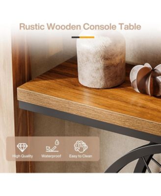 Industrial 3-Tier Console Table, 39.4" Sofa Table Entryway Table with Fixed Wheel Base, Narrow Wood Accent Tables