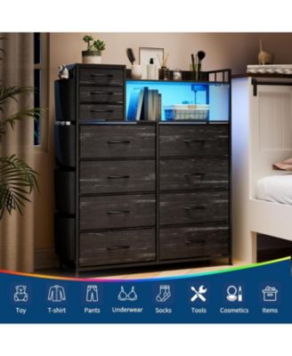 11 Drawer Dresser with Fabric Drawers Storage Cabinet with Shelves Side Pockets Hooks Charging Station