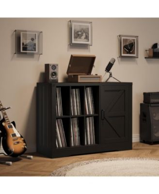 Farmhouse Record Player Stand with Barn Doors, 39.4" Turntable Table with Shelves