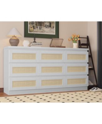 Rattan 9 Drawer Dresser with Charging Station, Farmhouse Chest of Drawers, Wide Closet Dresser Storage Organizer for Bedroom, Living Room