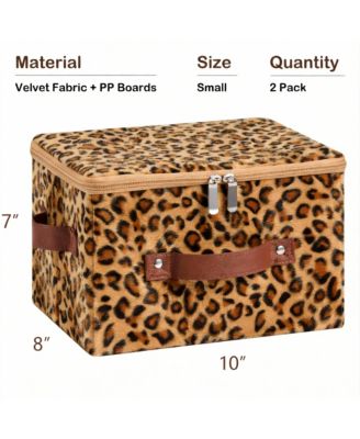 Leopard Print Storage Bin with Zipper Lid, PU Leather Handles, PP Plastic Board, Foldable, Washable,Large