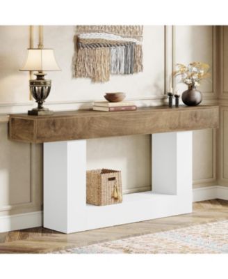 63-Inch Farmhouse Wood Console Table with U-Shaped Base, 2-Tier Narrow Sofa Table for Entryway & Living Room