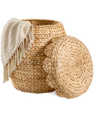 Scalloped Water Hyacinth Storage Tote Basket with Lid