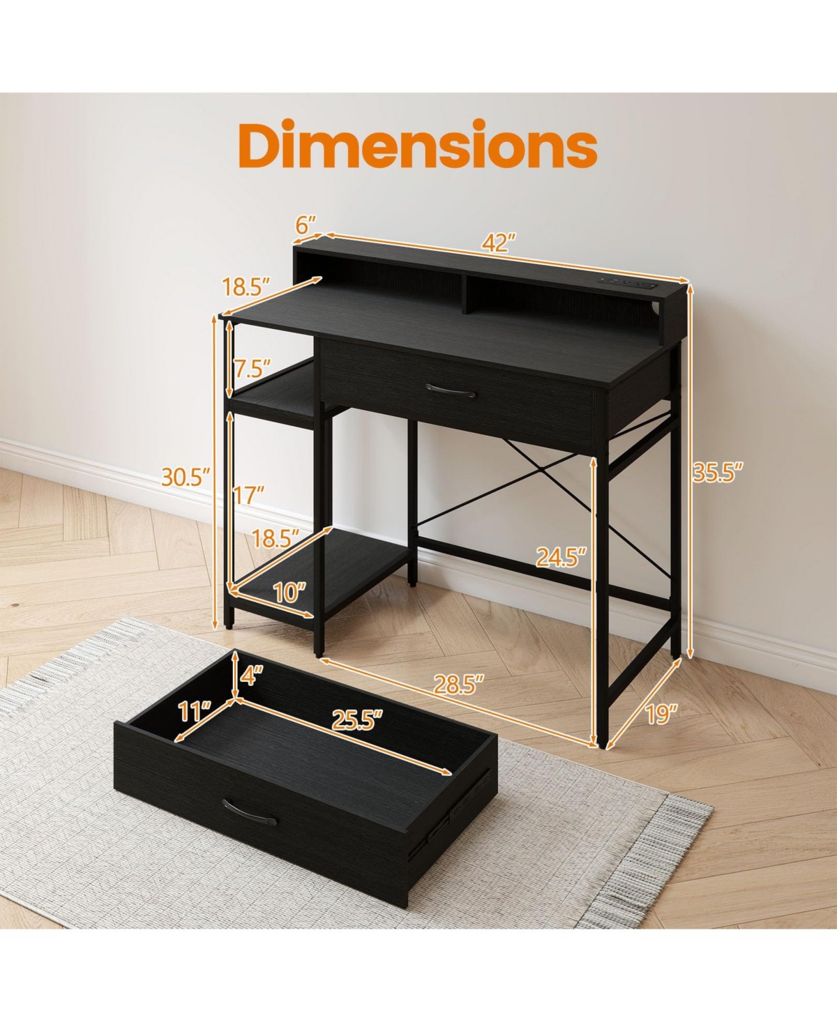 Mecale 48" Computer Desk with Monitor Stand, Drawer, and Shelves, Home Office Workstation