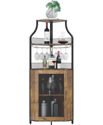 Brown Wooden Farmhouse Wine Bar Corner Cabinet with Detachable Rack, Mesh Door, Glass Rack, and Storage