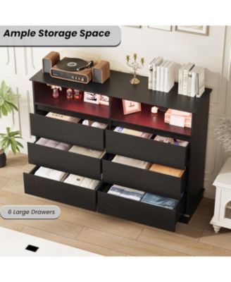 6 Drawer Dresser for Bedroom with LED Lights & Charging Station, Modern Dresser with LED for Bedroom
