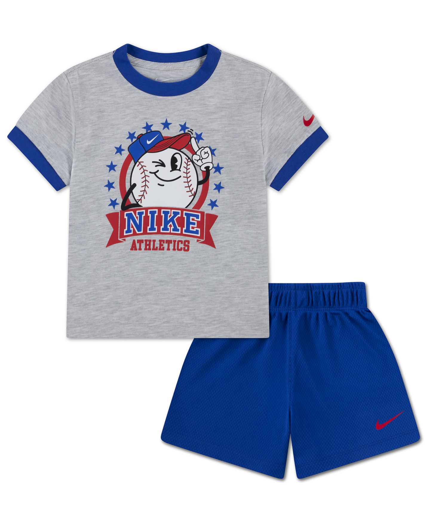 Комплект Nike Dri-FIT Baseball Character Short-Sleeve T-Shirt and Shorts, 2-Piece Set для мальчиков-малышей, цвет: Королевский синий / Меланжевый серый — фото 1