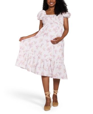 Maternity Motherhood Smocked Bodice with Puff Sleeves Midi Dress