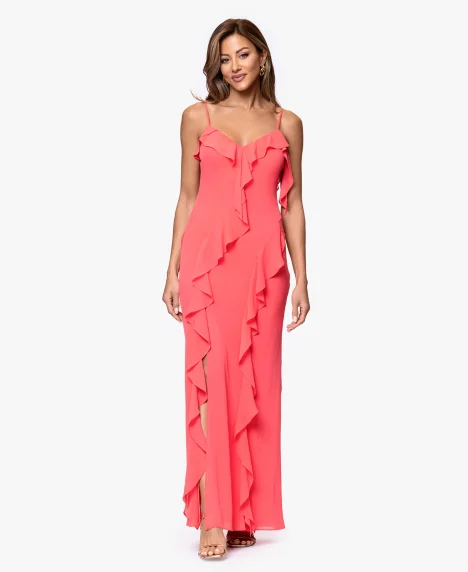 Petite Ruffle Detail Sweetheart Neck Maxi Dress - Coral