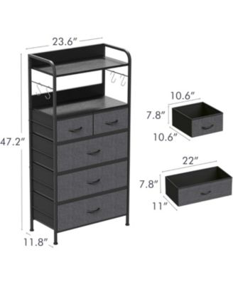 5-Drawer Bedroom Dresser, Fabric Storage Dresser with Anti-Tip Kit and 4 Hooks, Tall Vertical Dressers, Sturdy Steel Frame, Wooden Tabletop