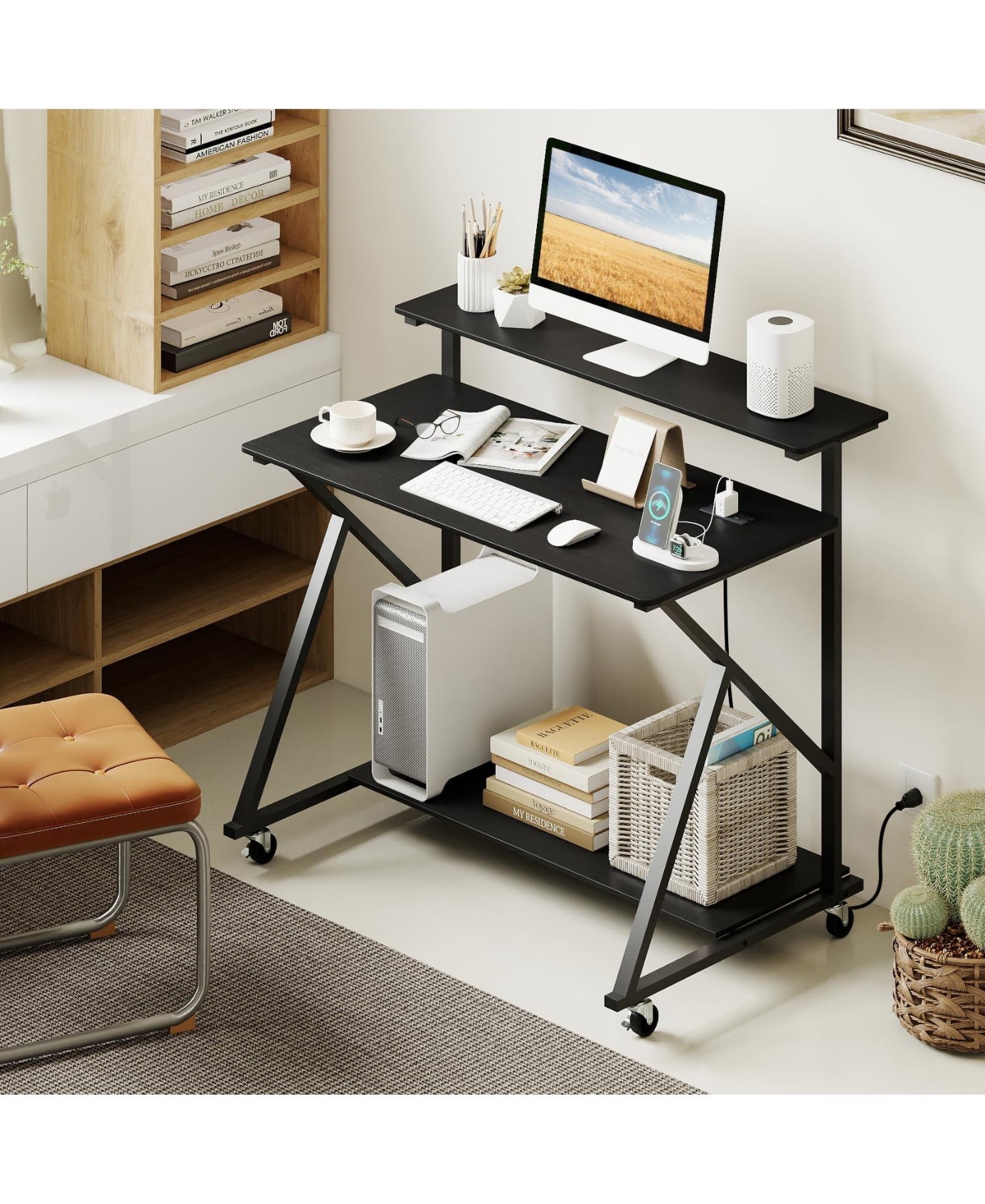 Mecale Rolling Computer Desk with Charging Station and Monitor Shelf, Home Office Storage Desk
