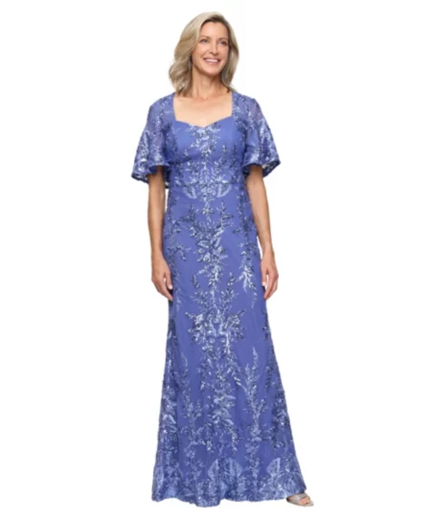Petite Embroidered Flutter-Sleeve Gown - Cornflower