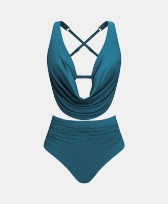 Women's Deep V Cowl Neck Ruching Bikini Sets