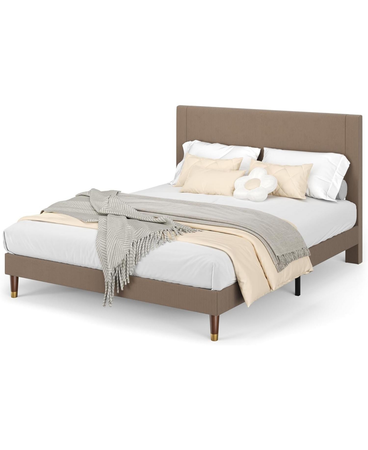 gaomon Full Platform Bed Frame with Headboard, Corduroy Upholstered Bed, Wooden Slats Support