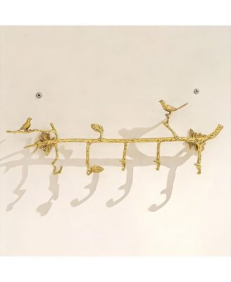 Brass Bird Decor Wall Hooks, 6 Hooks, 22in x 6.5in, Elegant Vintage Design