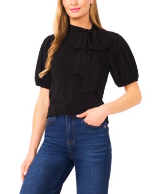 Women's Short-Sleeve Tie-Neck Bow-Detail Top