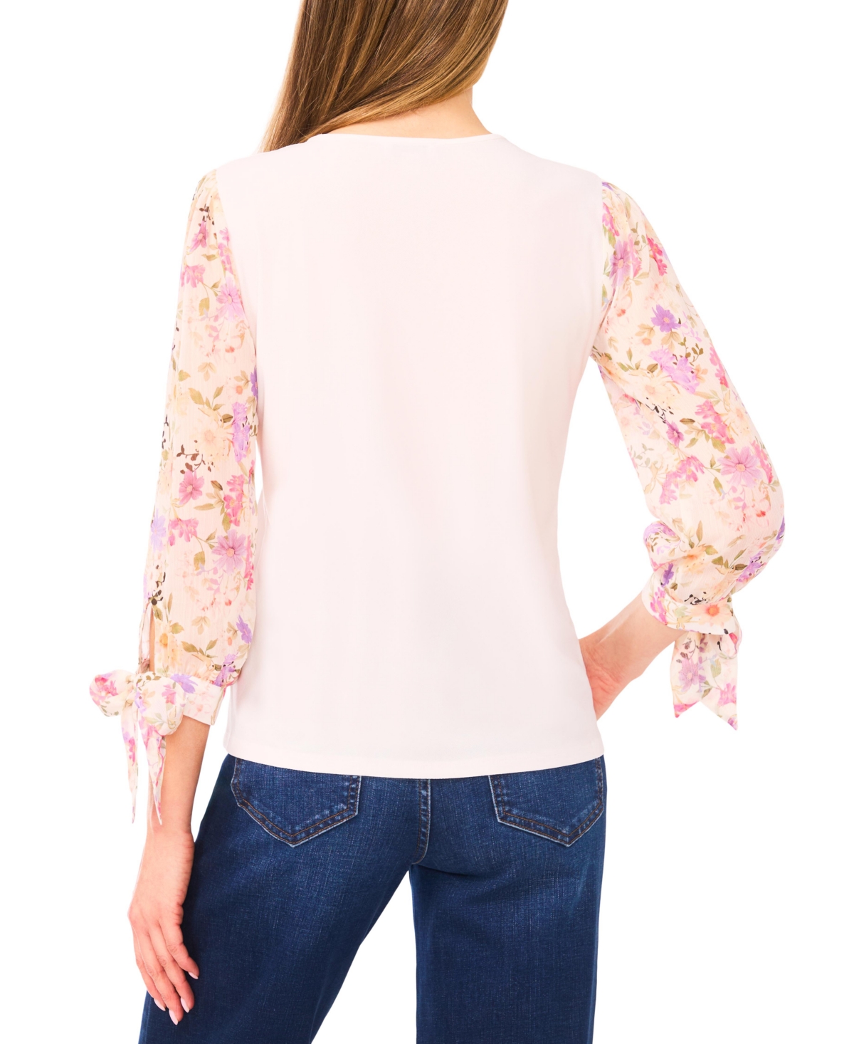 CeCe Women's Mixed Media Crew Neck Top