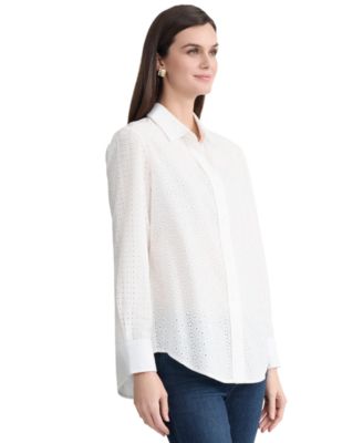 Women's Long-Sleeve Collared Neck Eyelet Shirt
