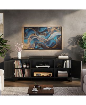 Boho TV Stand with 2 Storage Cabinets & Open Shelf, Bohemian Media Center