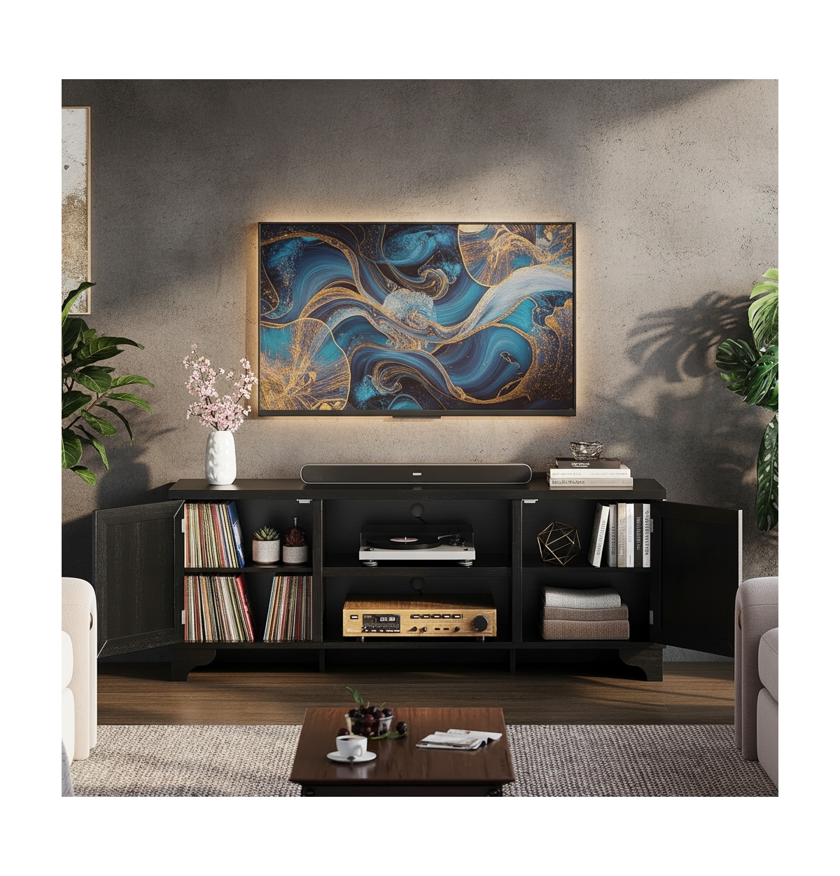 gaomon Boho Tv Stand with 2 Storage Cabinets & Open Shelf, Bohemian Media Center