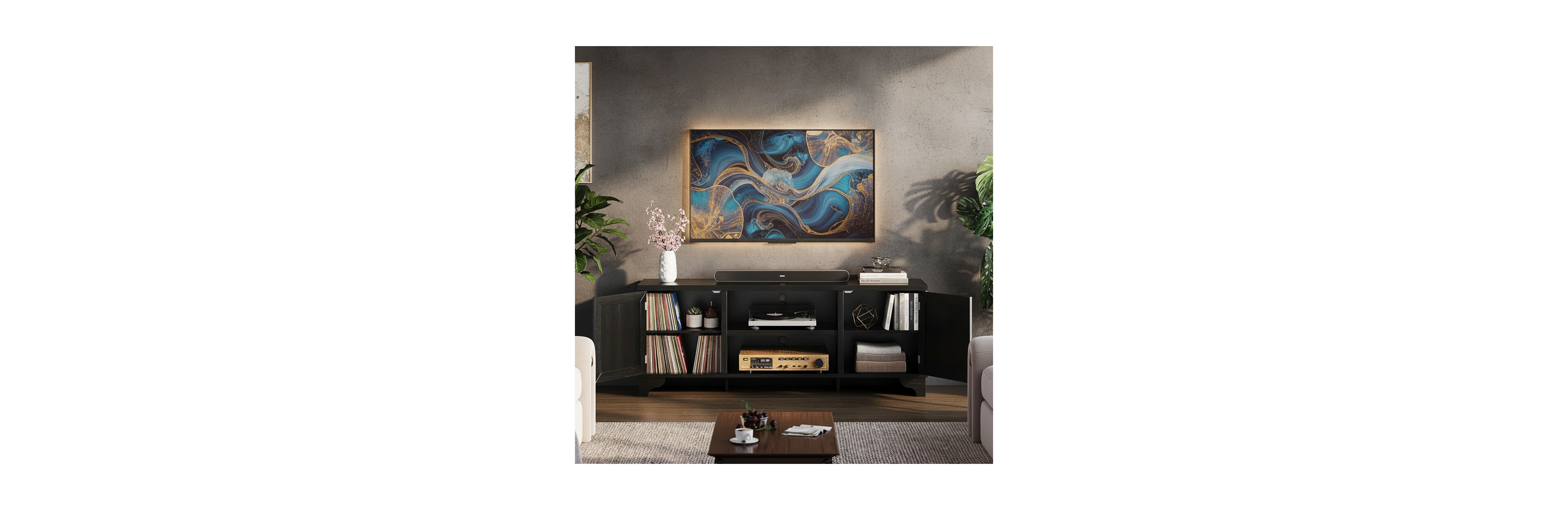 gaomon Boho Tv Stand with 2 Storage Cabinets & Open Shelf, Bohemian Media Center