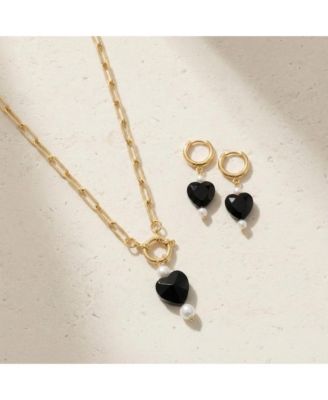 Stainless Steel Heart Drop Necklace and Earrings Set with Freshwater Pearl