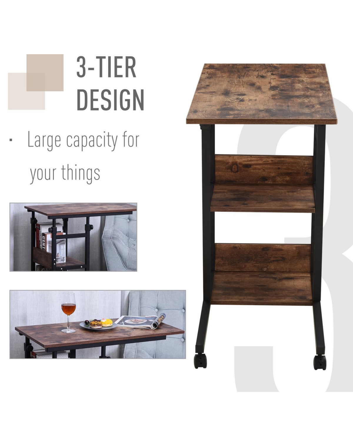 Homcom C-Shaped Mobile Sofa Bed Side Table Adjust Height 3-Tier Cart w/ Brake