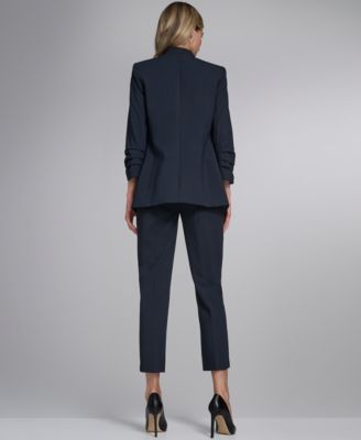 Women's Sleeveless Collared Blouse with Pleated Front, Open from Ruched Sleeve Jacket, and Slim Leg Pant