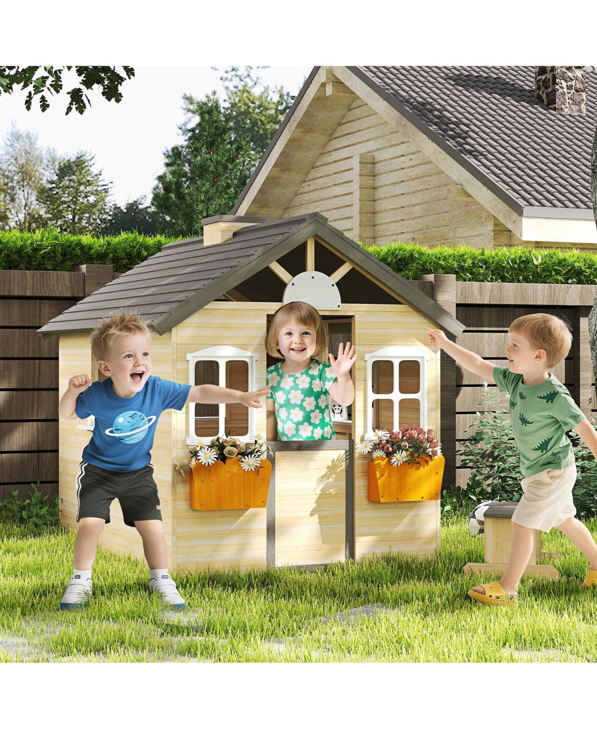 Hongge Wooden Outdoor Playhouse with Door Windows and Bench