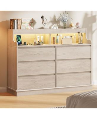 6 Drawer Dresser for Bedroom with LED Lights and Charging Station, Wooden Chest of Drawers with Spacious Top for Closet, Hallway, Living Room