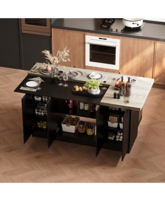 77.3'' Large Kitchen Island with 8 Doors, Island Storage Table with Dining Table, Coffee Station and Microwave Rack