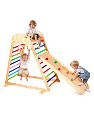 Indoor Playground Jungle Gym, 4-in-1 Wooden Indoor Playground Playset with Climbing Rock, Slide, Wooden Ladder & Gym Rings
