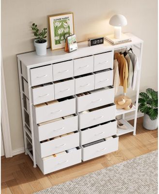 Tall Dresser for Bedroom, Fabric Dressers with 16 Drawers & Clothes Rack & 2 Storage Shelves, PU Closet Dresser with Hanging Space