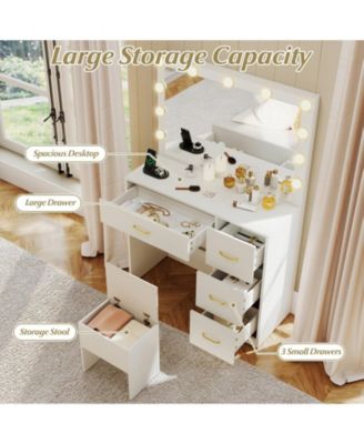 Vanity Desk with Lighted Mirror and Power Outlets, Makeup Dressing Table