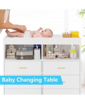 Dresser for Bedroom with 6 Drawers, Multi-Functional Nursery Dresser with LED Lights & Charging Station