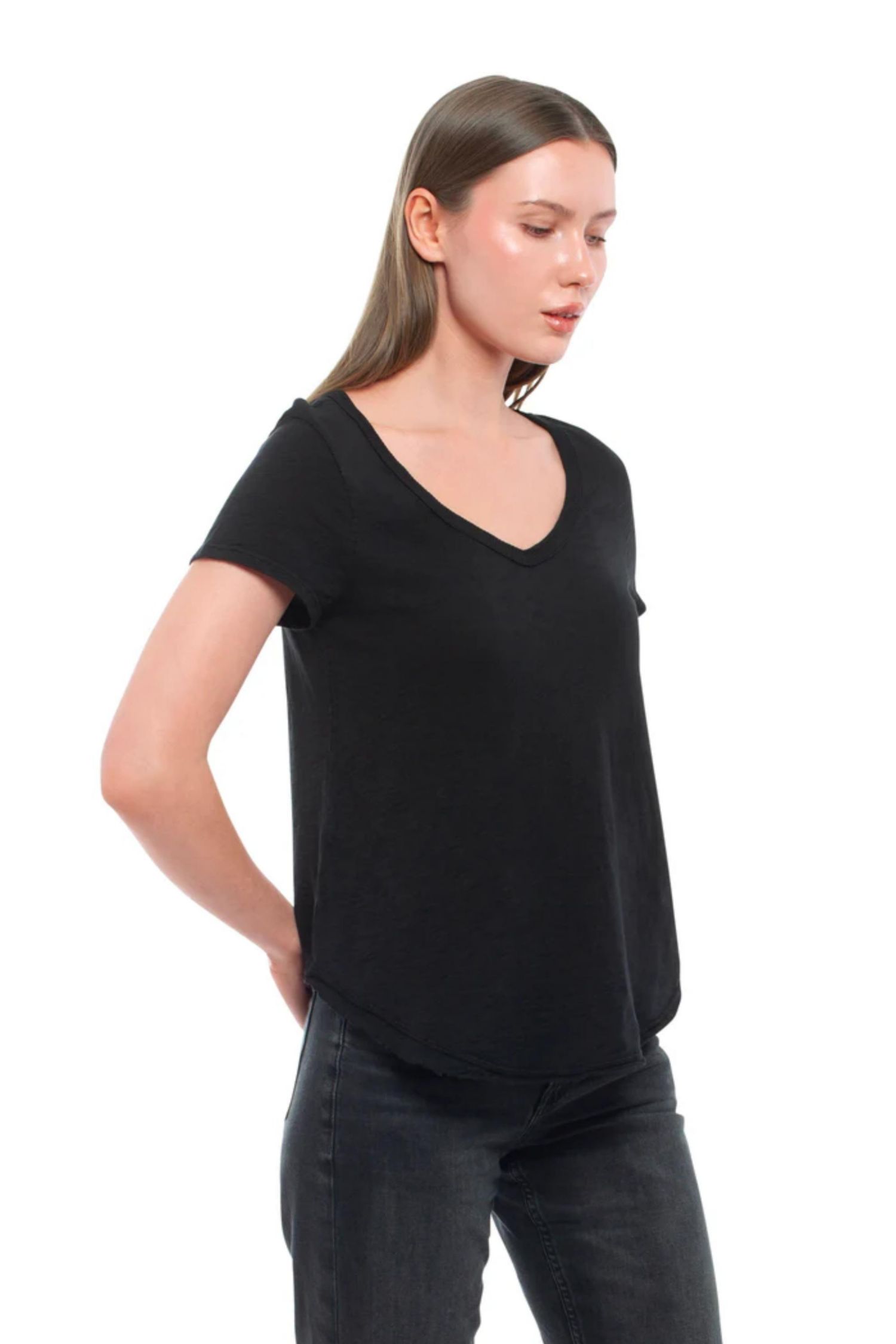 Women's Clothing Short Sleeve Shrunken V-Neck Shirttail Tee